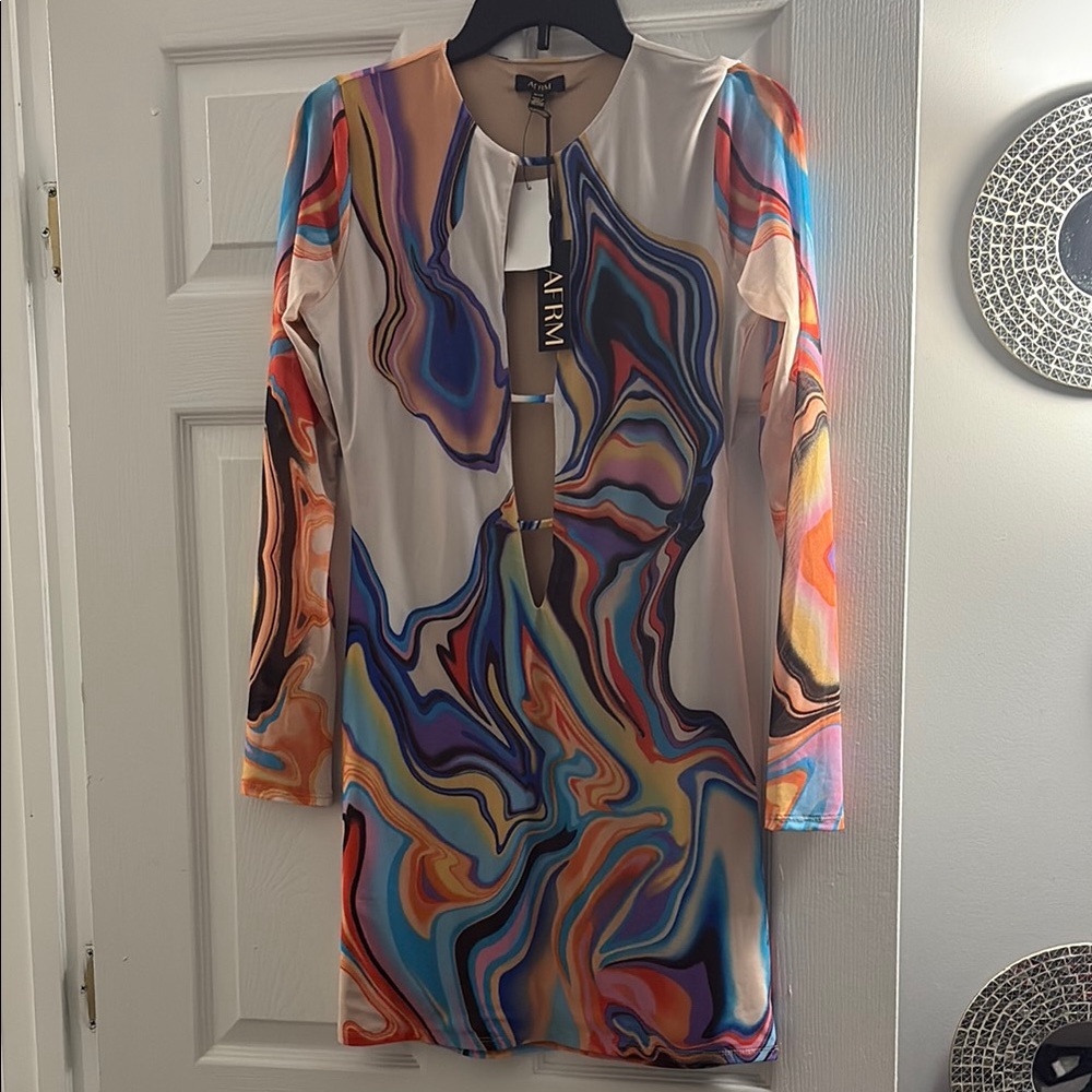 AFRM Blue and Orange Sheath Dress with Plunge Neckline and Bishop Sleeves